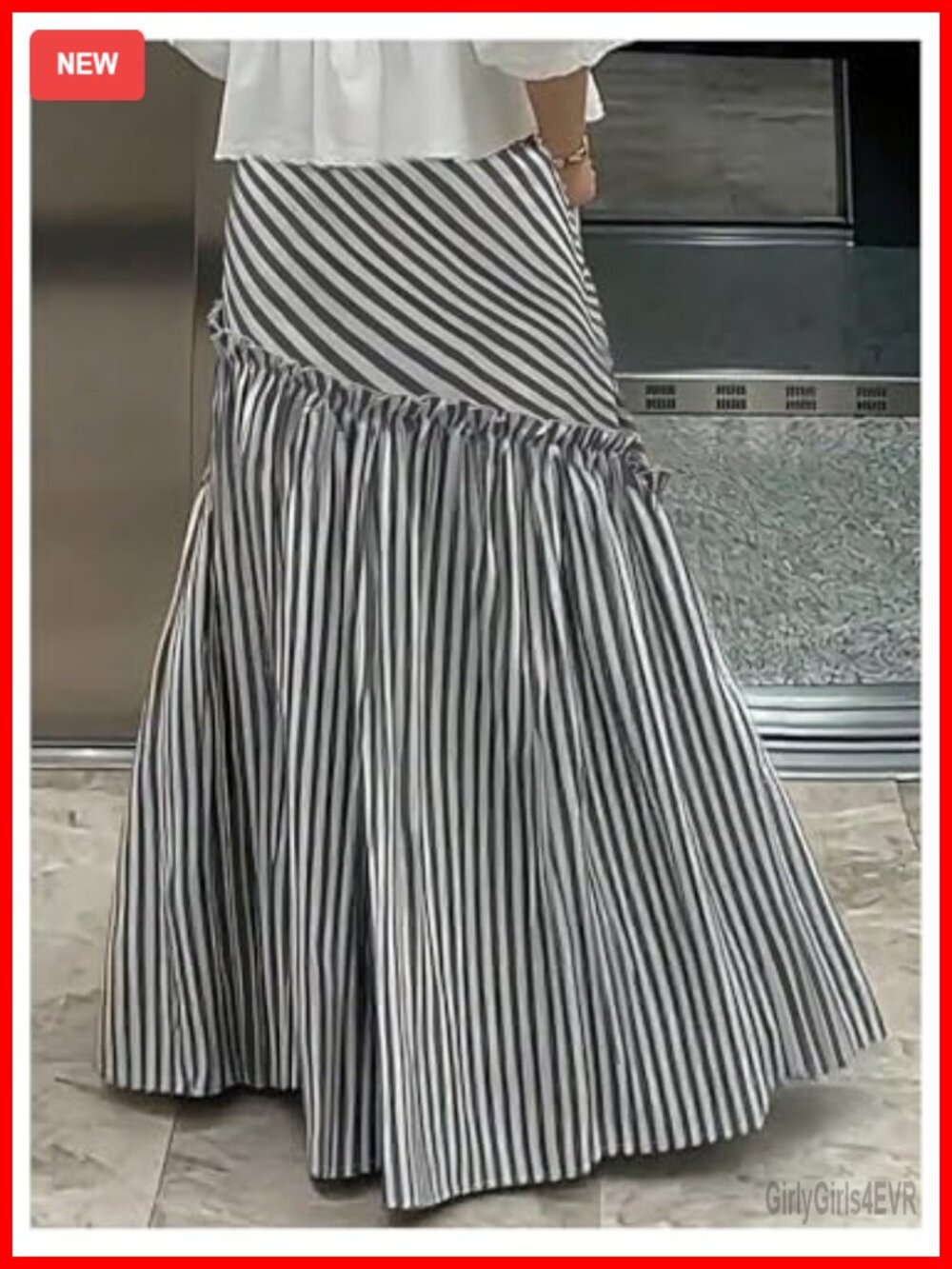 Striped Ruffle Maxi Skirt Low Rise Pleated A Line - Picture 2 of 4